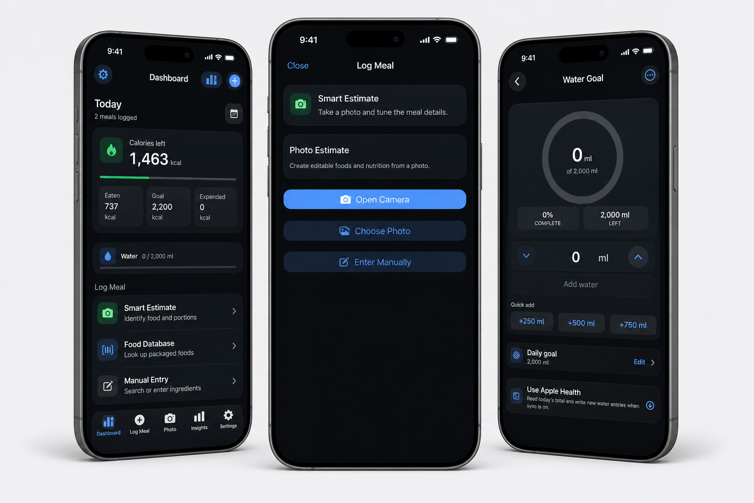 Three Portion app screens showing the dashboard, Smart Estimate logging, and water goal tracking.